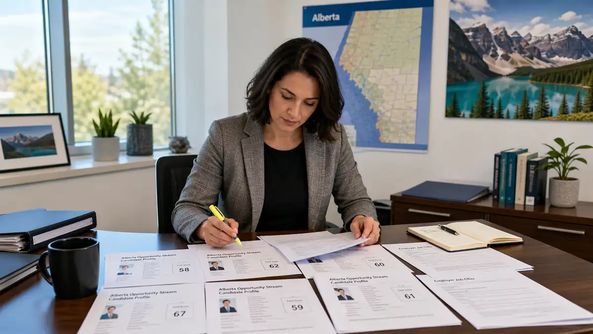 A woman reviews and highlights documents on the Alberta Opportunity Stream at a desk in an office decorated with Alberta-themed posters and plants.