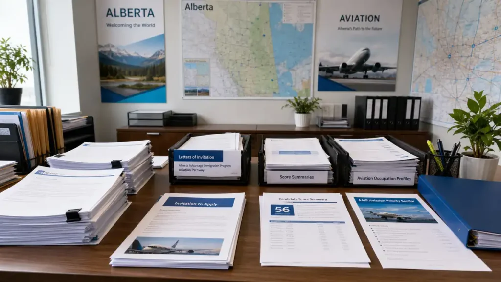 Organized stacks of immigration documents and folders labeled for Alberta aviation pathways neatly arranged on an office desk beneath maps and informational posters.