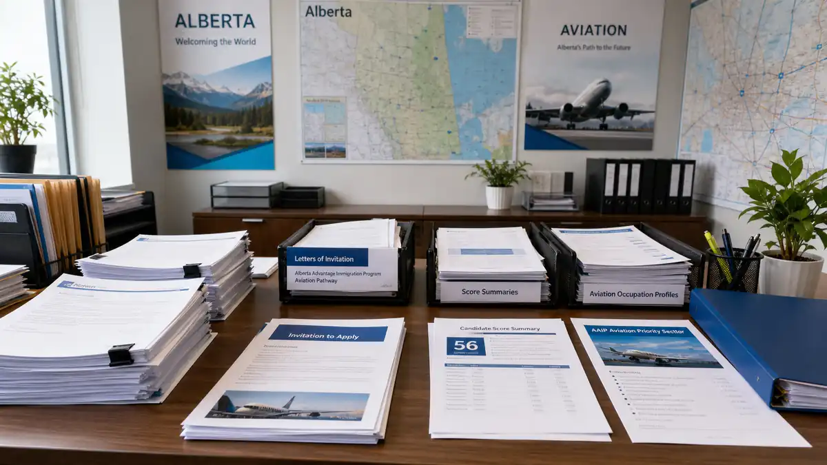Organized stacks of immigration documents and folders labeled for Alberta aviation pathways neatly arranged on an office desk beneath maps and informational posters.