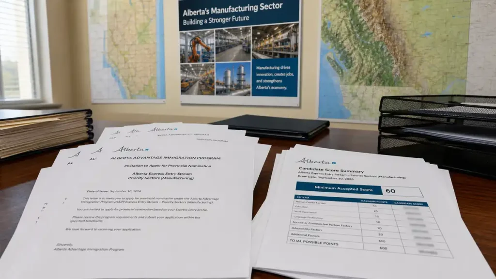 Close-up of printed Alberta Advantage Immigration Program documents on a wooden desk in an office with maps and a poster about Alberta's manufacturing sector on the wall.