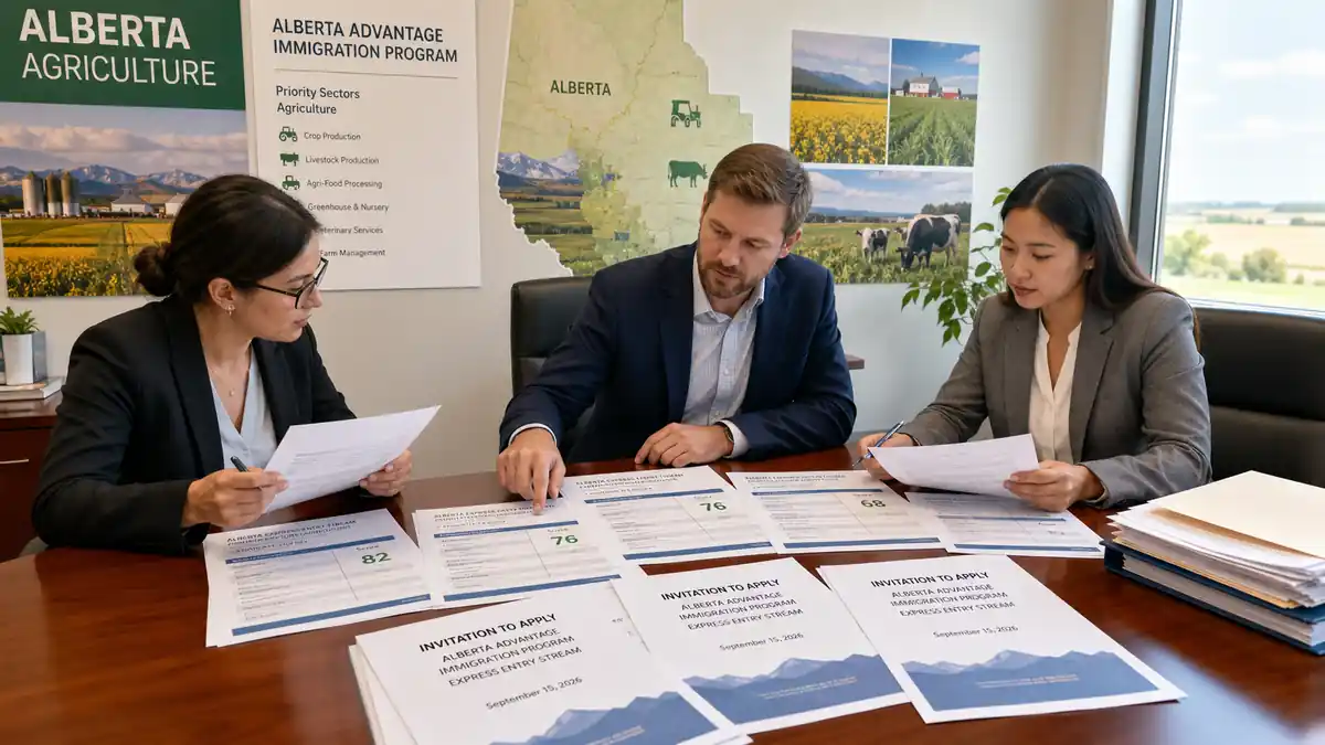 Three professionals seated at a conference table reviewing printed Alberta Agriculture immigration program invitations with informational posters behind them.