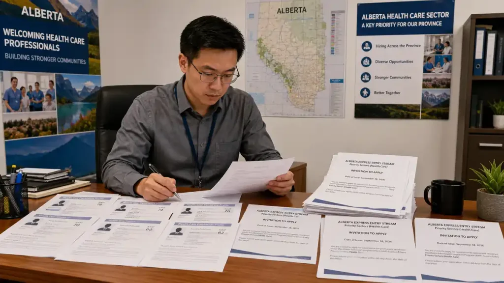 A man sitting at a desk reviews multiple Alberta Express Entry Stream invitations for the Priority Sectors (Health Care) with Alberta maps and informational posters in the office.