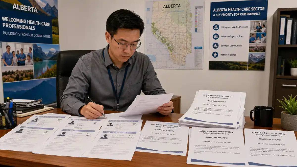 A man sitting at a desk reviews multiple Alberta Express Entry Stream invitations for the Priority Sectors (Health Care) with Alberta maps and informational posters in the office.