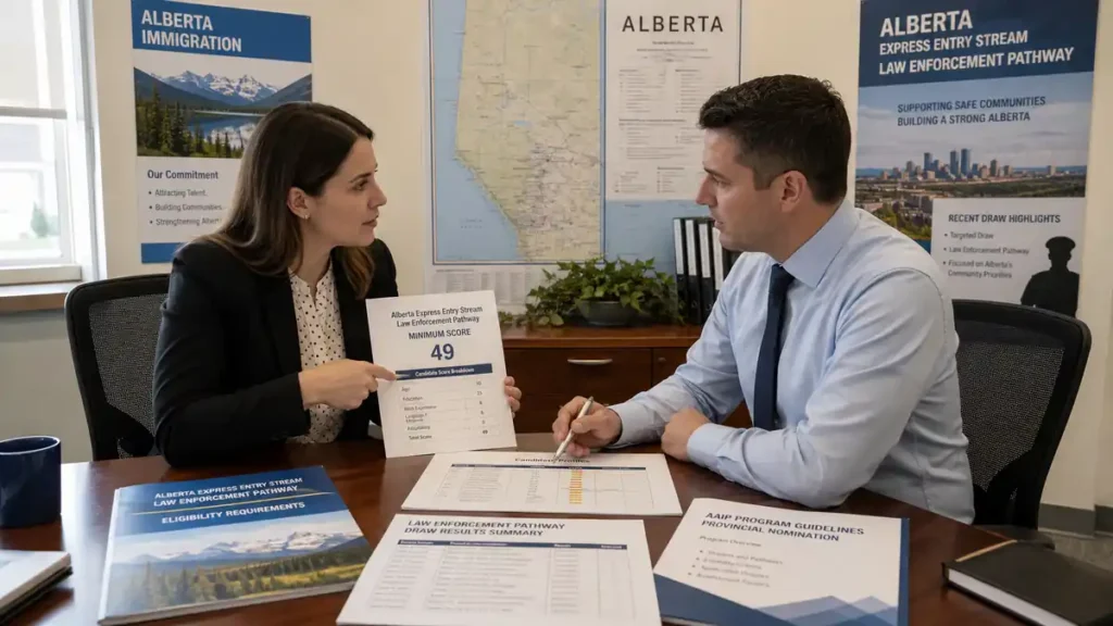 Two professionals in an office discuss the Alberta Express Entry Stream Law Enforcement Pathway minimum score, with documents and informational posters visible.