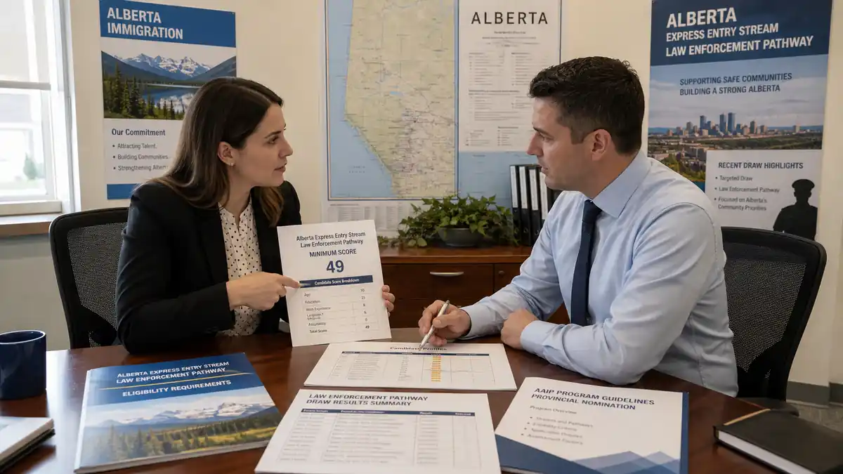 Two professionals in an office discuss the Alberta Express Entry Stream Law Enforcement Pathway minimum score, with documents and informational posters visible.