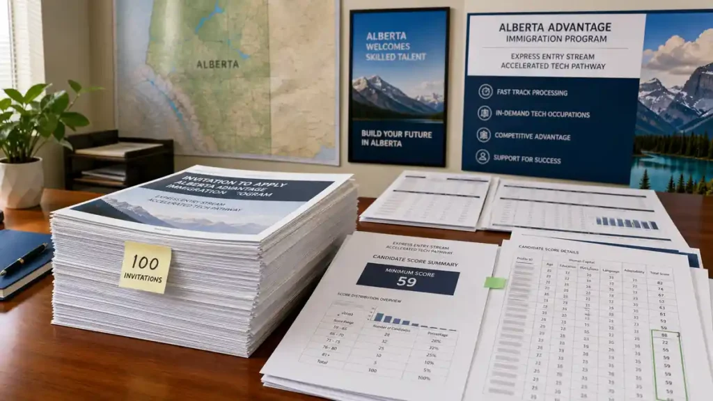 Large stacks of printed immigration documents about the Alberta Advantage Immigration Program are neatly arranged on a wooden table with supporting charts showing a minimum score,