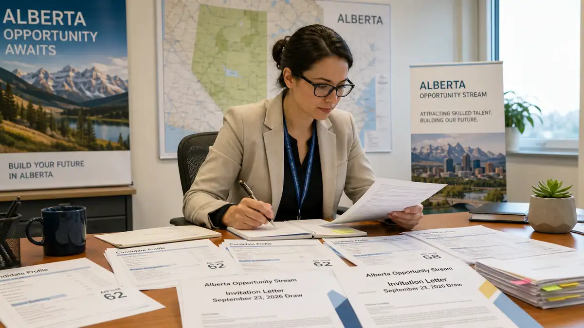 A woman in business attire sits at a cluttered desk reviewing printed documents about the Alberta Opportunity Stream with informational posters and a map on the walls behind her.