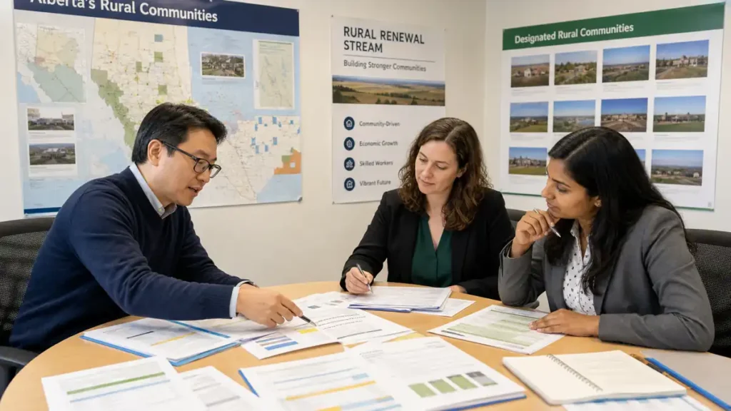 Three professionals in business attire discuss documents around a table with posters about Alberta's rural communities and immigration streams on the wall.