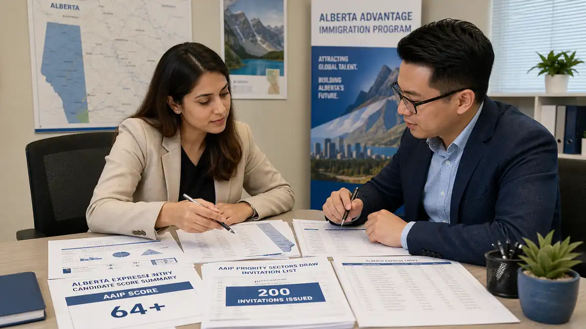 Two professionals sit at a desk reviewing documents related to Alberta Advantage Immigration Program draws with a poster and map in the background.