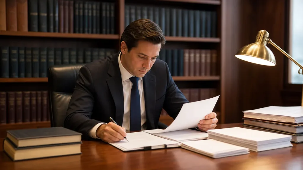 A man in a dark suit reviews documents at a wooden desk in a law library filled with shelves of books behind him.