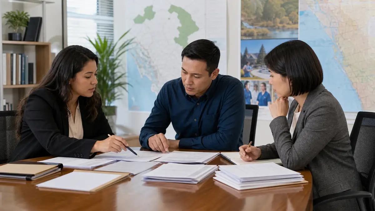 Three professionals in business attire review and discuss documents together at a wooden conference table in an office with maps on the wall.