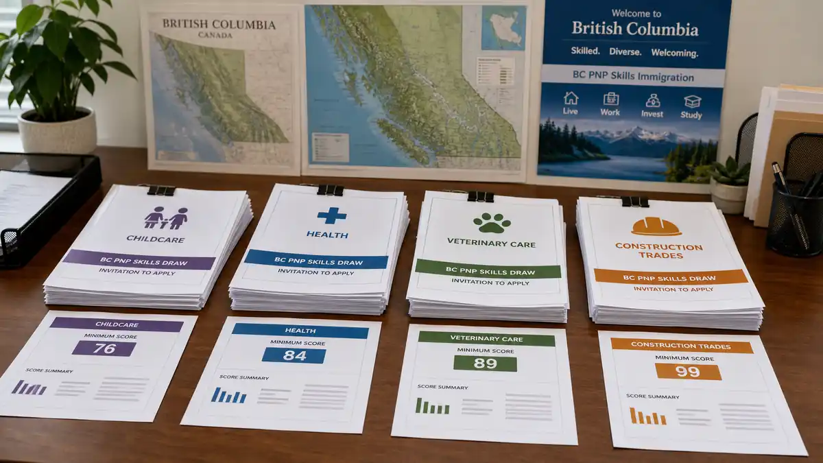 Stacks of invitation letters for BC PNP Skills Draw grouped by sectors: Childcare, Health, Veterinary Care, and Construction Trades, on a desk with British Columbia maps and a BC P