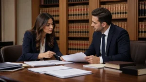A man and woman in business attire review documents together at a large wooden table in a law library filled with shelves of legal books.