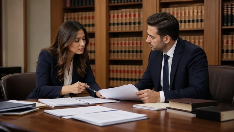 A man and woman in business attire review documents together at a large wooden table in a law library filled with shelves of legal books.
