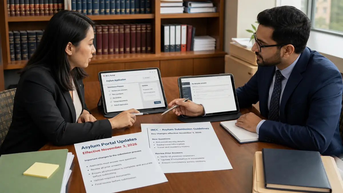 Two professionals in formal attire discussing Canada asylum portal changes using tablets and printed documents in an office with bookshelves.