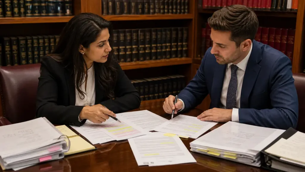 A woman and a man in business attire discuss and review documents at a wooden table in a law library with shelves full of books behind them.