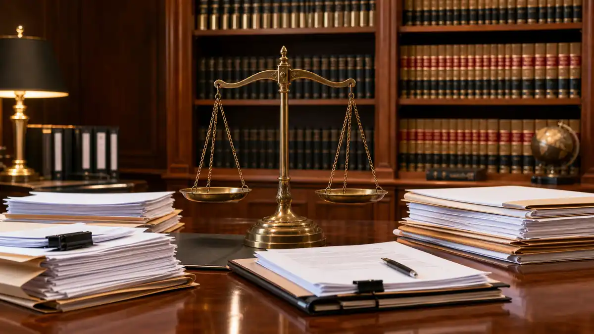 Brass balance scale centered on a wooden desk surrounded by large stacks of legal documents and papers in a law library with shelves of law books behind.