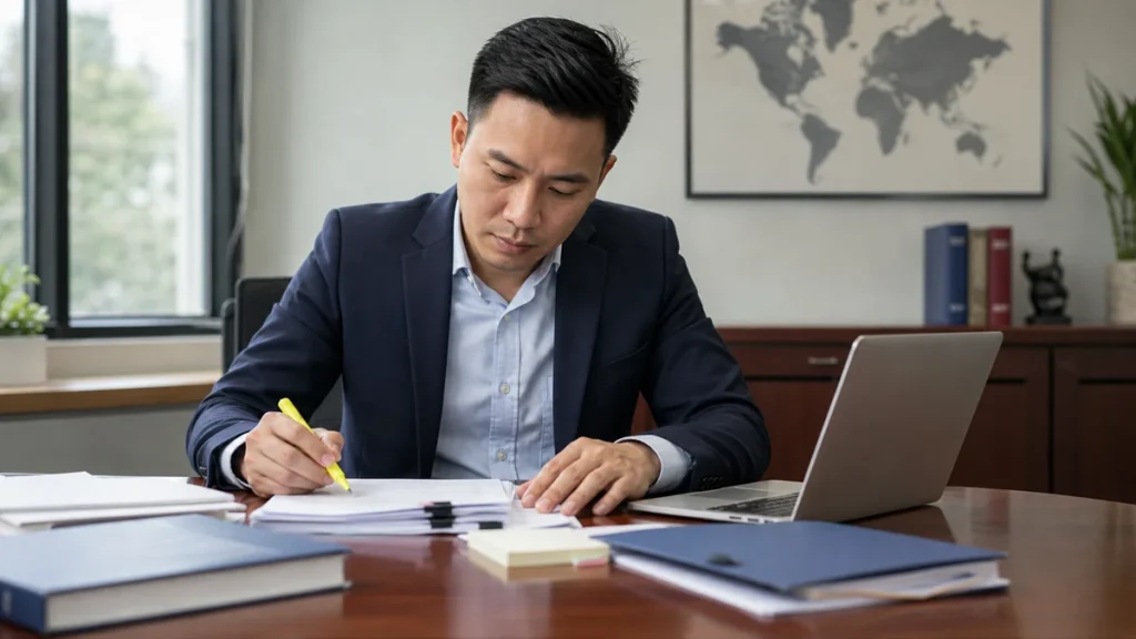 A professional man in a suit highlights text in documents at a desk with folders and a laptop in a modern office.