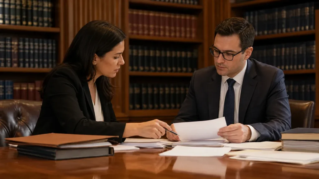 Two legal professionals in business attire review documents at a polished wooden table in a law library filled with shelves of legal books behind them.