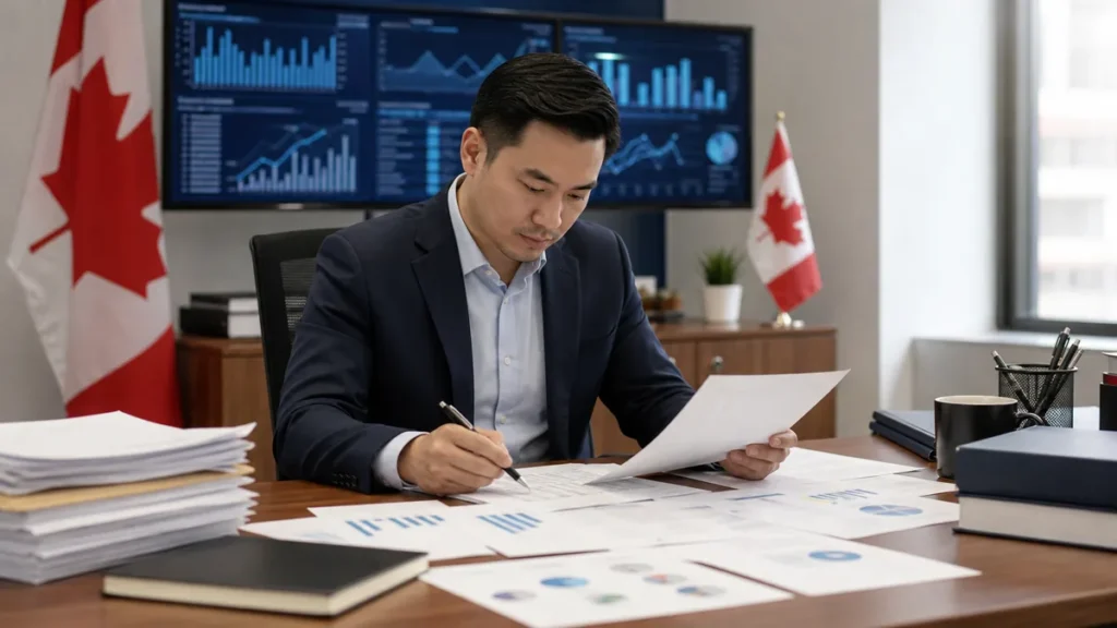 A man in a suit seated at a desk examines documents with charts and graphs in an office decorated with two Canadian flags and multiple screens displaying data.
