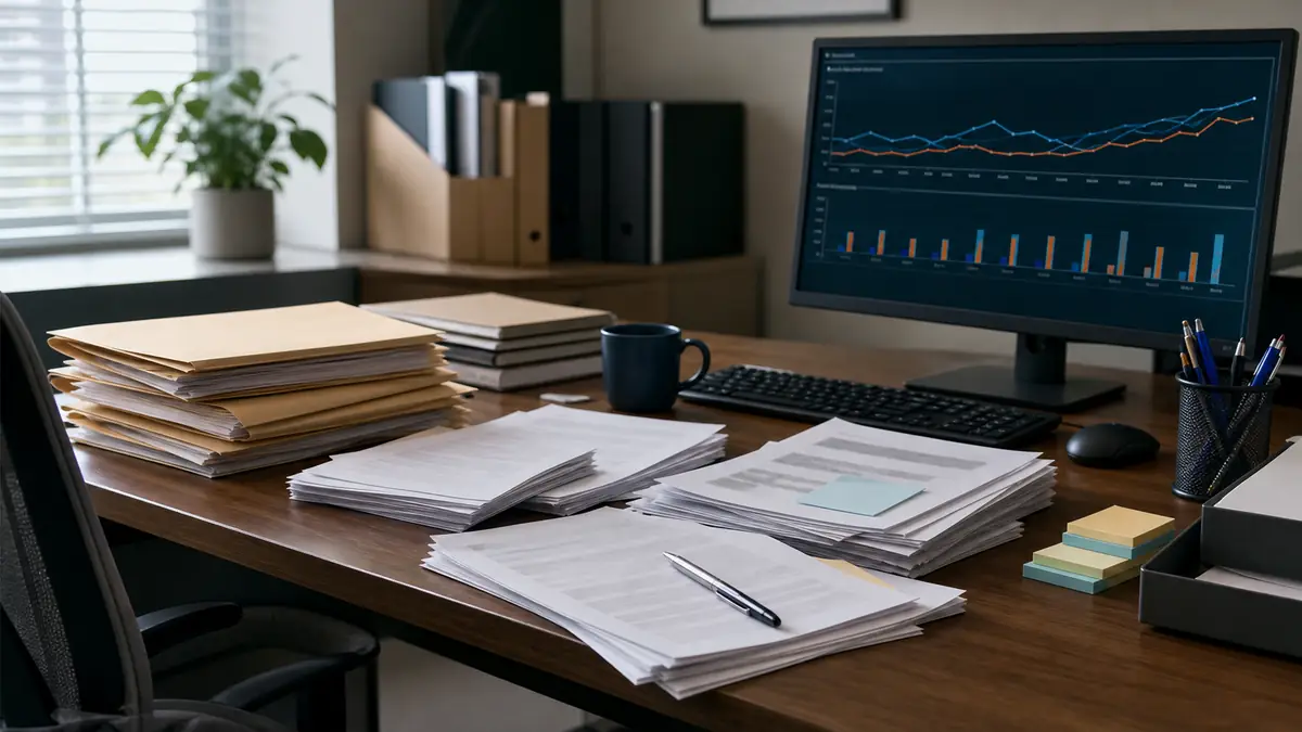 A desk cluttered with stacks of documents, folders, and papers next to a computer monitor displaying graphs and charts in a tidy office setting.
