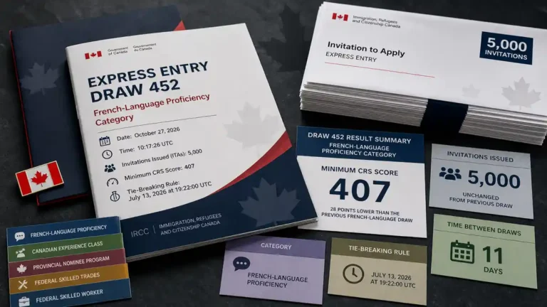 Documents and cards outlining Express Entry Draw 452 details, including 5,000 invitations issued and CRS cut-off score of 407, laid out on a dark surface.