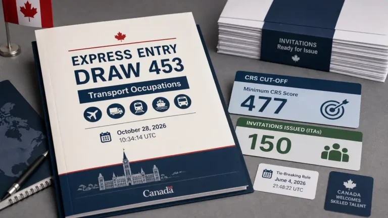 Printed materials on a desk detail Express Entry Draw 453 for Transport Occupations on October 28, 2026, showing CRS cut-off 477 and 150 invitations issued.