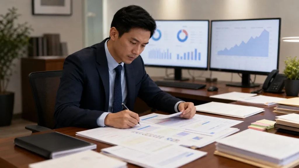 A man in a suit studies printed charts and graphs at a desk with two computer monitors displaying financial data in an office.