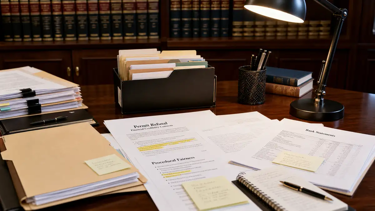 Desk with files and papers with highlighted text about procedural fairness and bank statements, illuminated by a desk lamp in a legal office.
