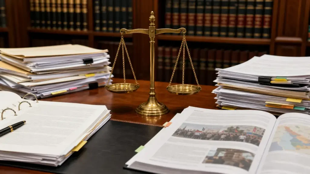 A brass balance scale on a wooden desk is flanked by open and stacked legal files, casting soft shadows under library shelves filled with law books.
