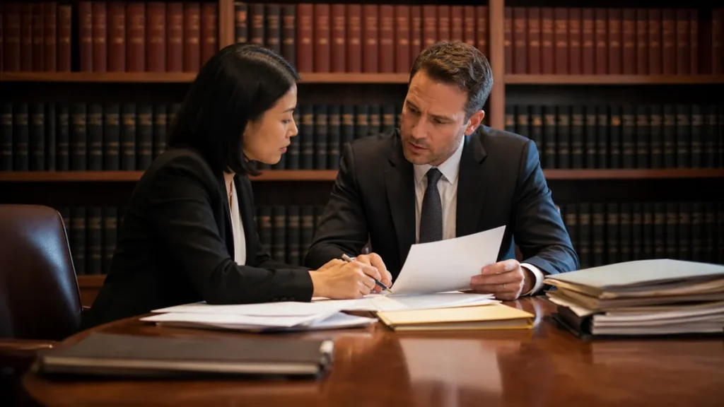 Two legal professionals in formal suits discussing documents at a wooden table with law bookshelves in the background.