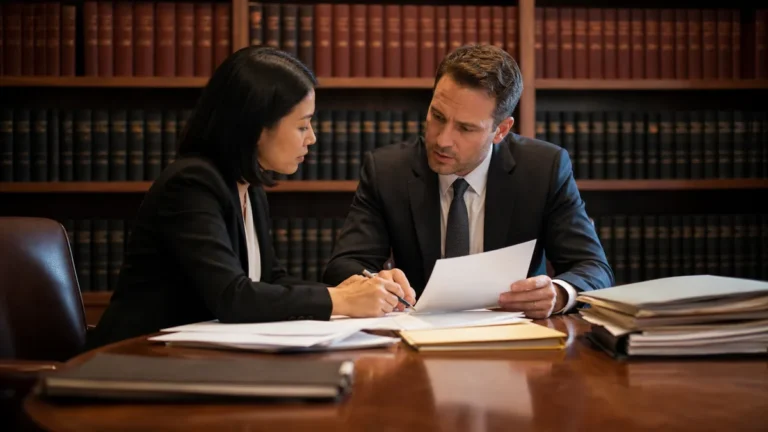 Two legal professionals in formal suits discussing documents at a wooden table with law bookshelves in the background.