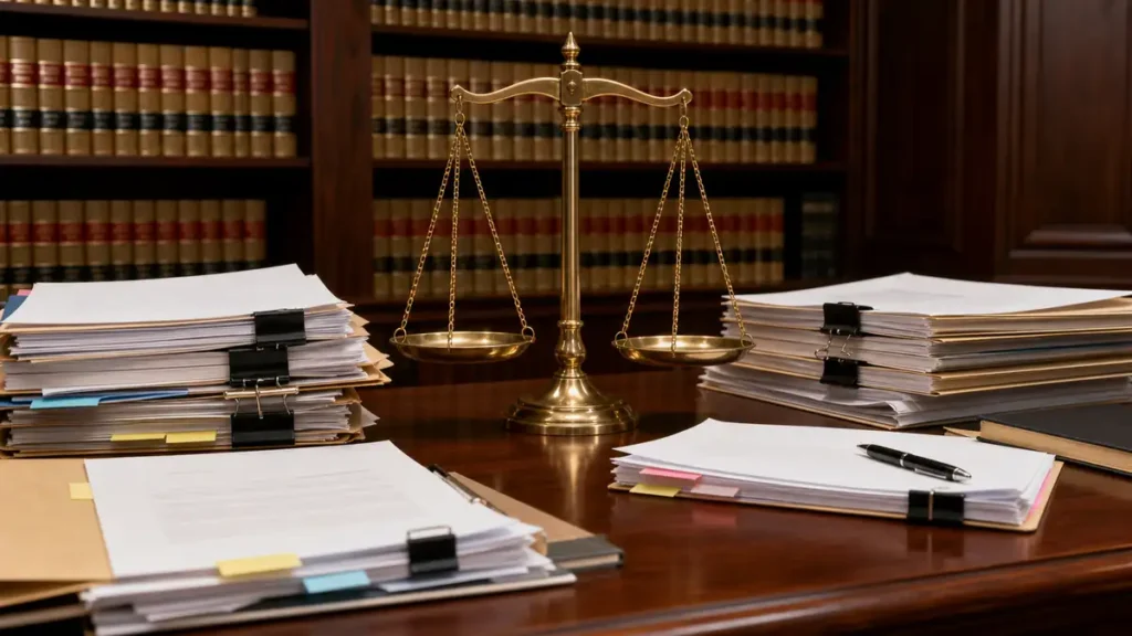 A brass balance scale sits in the center of a wooden desk surrounded by multiple stacks of organized legal documents with colorful sticky notes, with shelves of law books in the op