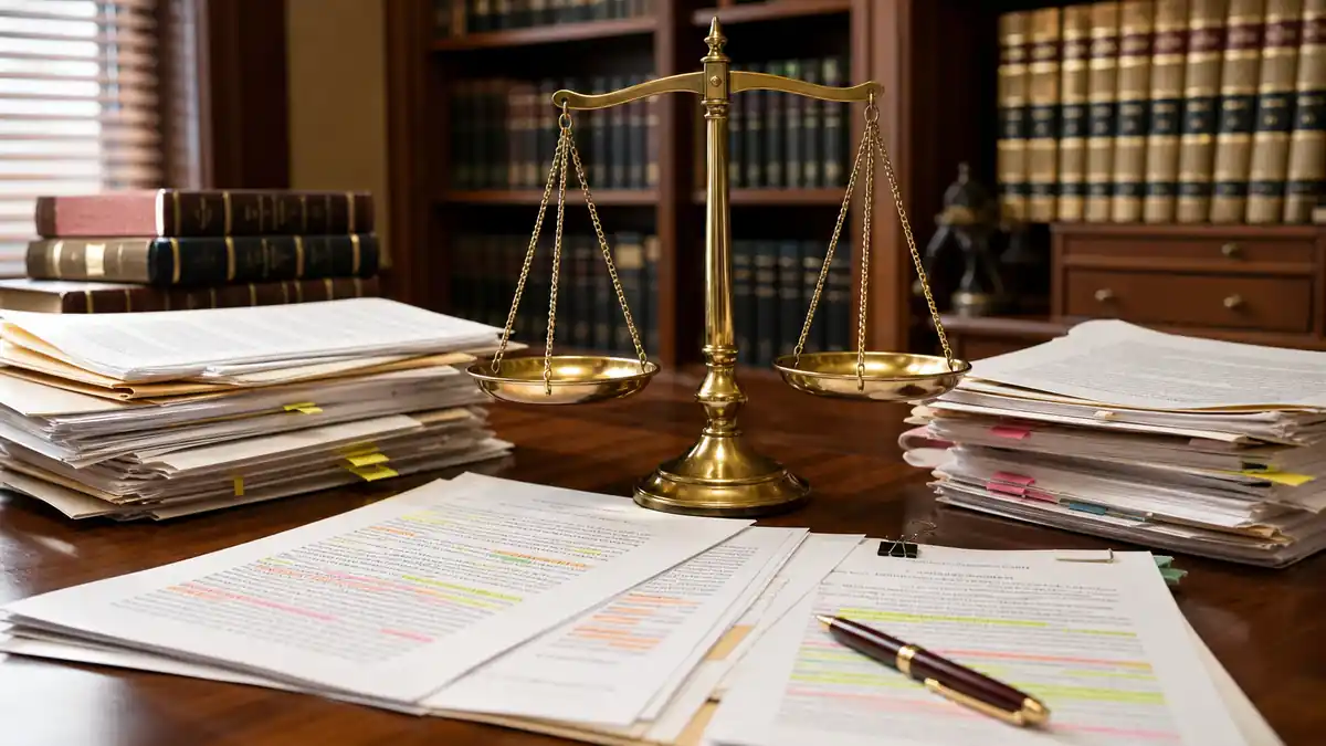 Golden balance scale centered on a wooden desk surrounded by stacks of legal documents and bookshelves in the background.
