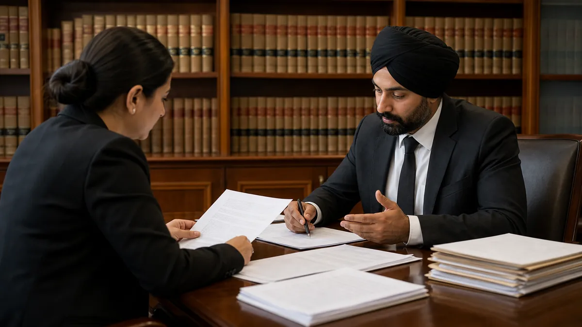 Two legal professionals in dark business attire discuss documents together at a wooden table with stacks of files in a law library filled with bookshelves.