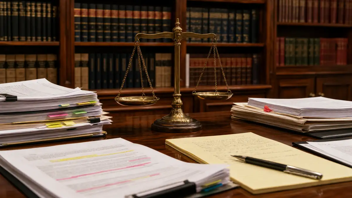 A brass balance scale sits centered on a wooden desk surrounded by piles of legal documents and papers with highlighted text in a law library.
