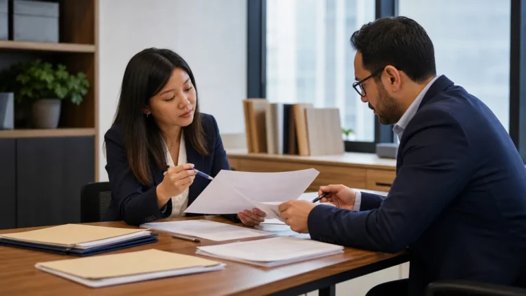 Two business professionals in formal attire review and discuss documents at a wooden office desk with folders and papers spread out.