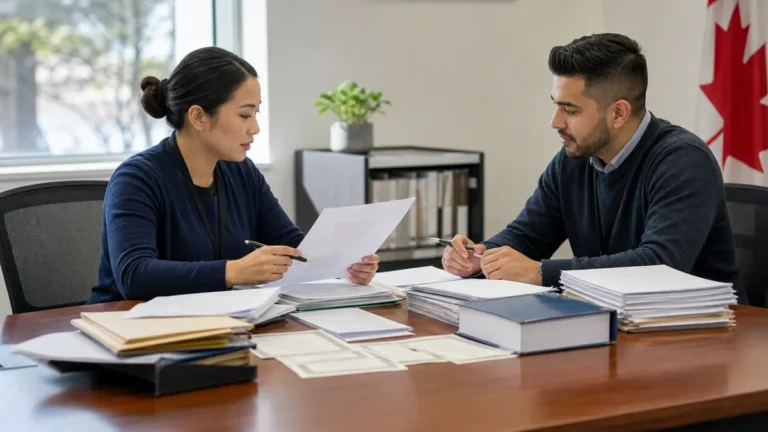 A man and a woman sit across from each other at a cluttered office desk reviewing documents, with a Canadian flag visible in the background.