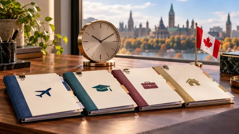 A desk clock, four icon-covered application dossiers and a small Canadian flag on a wooden desk.