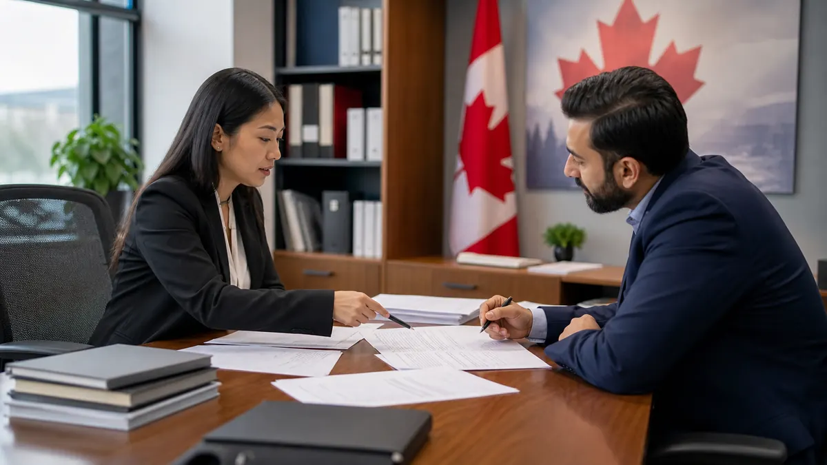 Two business professionals discuss and review documents at a wooden office table with a Canadian flag and maple leaf art in the background.
