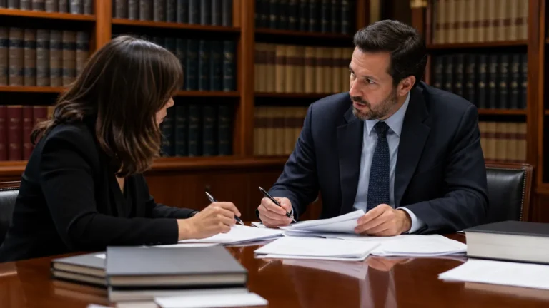 A man and a woman in business attire sit at a wooden table in a law library, reviewing documents and discussing their contents.