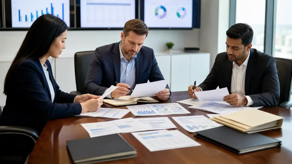 Three business professionals in suits sit around a conference table reviewing printed charts and documents in a modern office setting with large screens showing data behind them.