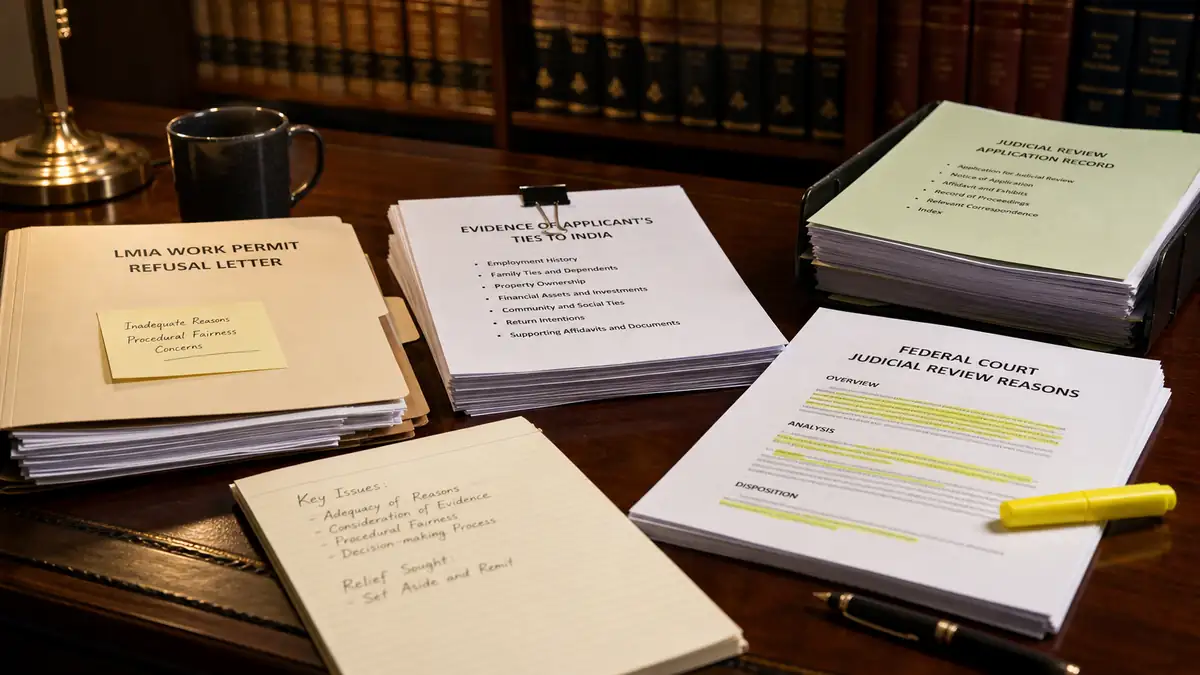 Stacks of legal documents and files related to an LMIA work permit case are arranged on a wooden desk in a law office with bookshelves in the background.