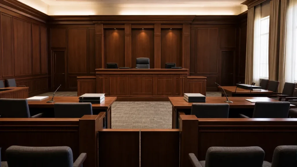 A typical courtroom with a judge's bench, dark wood paneling, tables for lawyers with microphones, and chairs arranged for proceedings.