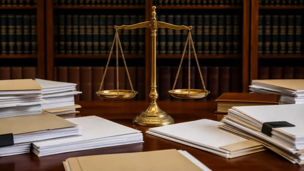 Brass balance scale surrounded by piles of legal documents and folders on a wooden desk in a law library with shelves filled with books in the background.
