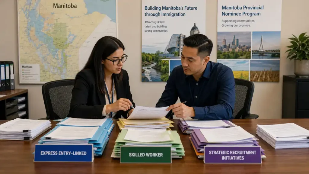 Two professionals review and discuss immigration application documents at a desk with labeled stacks for Express Entry, Skilled Worker, and Strategic Recruitment Initiatives.