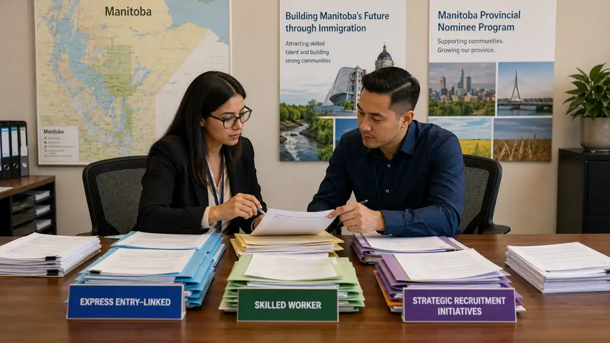 Two professionals review and discuss immigration application documents at a desk with labeled stacks for Express Entry, Skilled Worker, and Strategic Recruitment Initiatives.