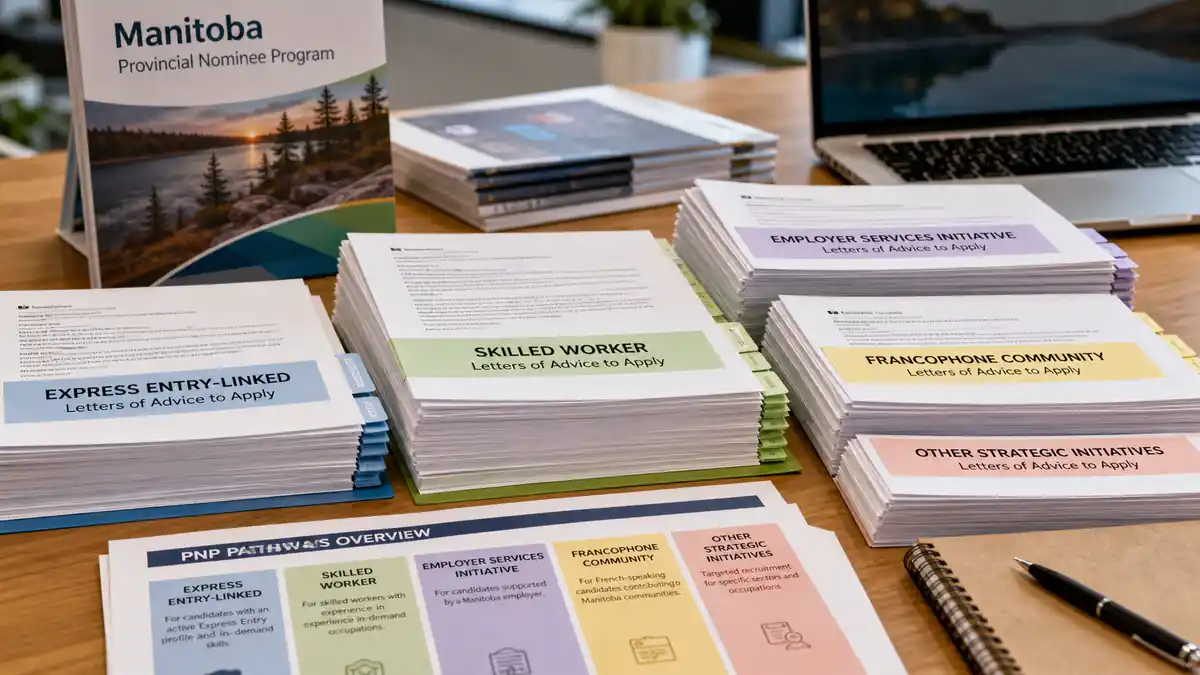 Stacks of categorized Letters of Advice to Apply neatly arranged on a wooden table next to a Manitoba Provincial Nominee Program sign in an office setting.