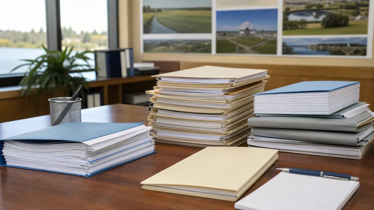 Stacks of folders and documents neatly arranged on an office desk with a window and plant in the background, alongside landscape photos on the wall.