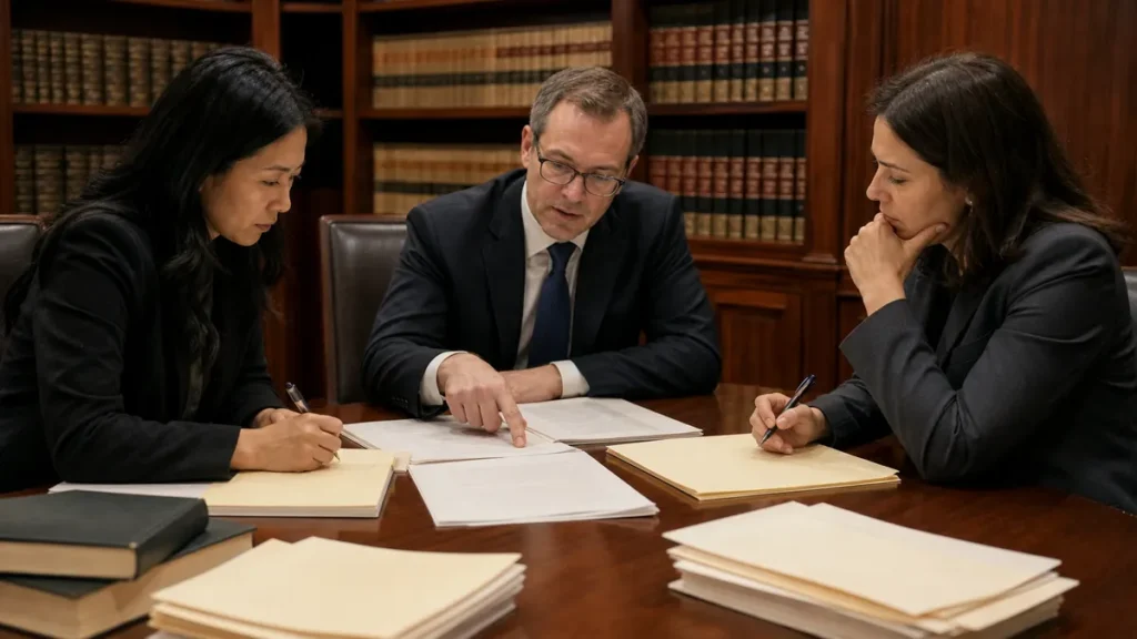 Three legal professionals review and discuss documents around a large wooden table in a law library filled with shelves of legal books.